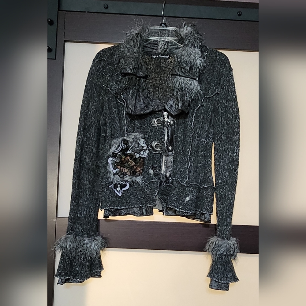 Juju & Christine Steampunk Gray Zip & Buttons Knit Jacket Sweater Fur L  - XL